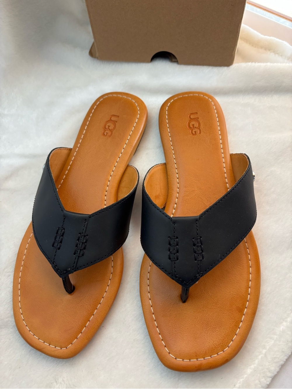 UGG Carey Leather Flip Flops Black Size 7.5